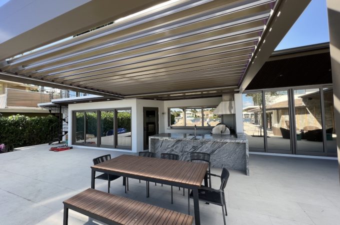 Beautiful backyard patio arranged for outdoor hosting