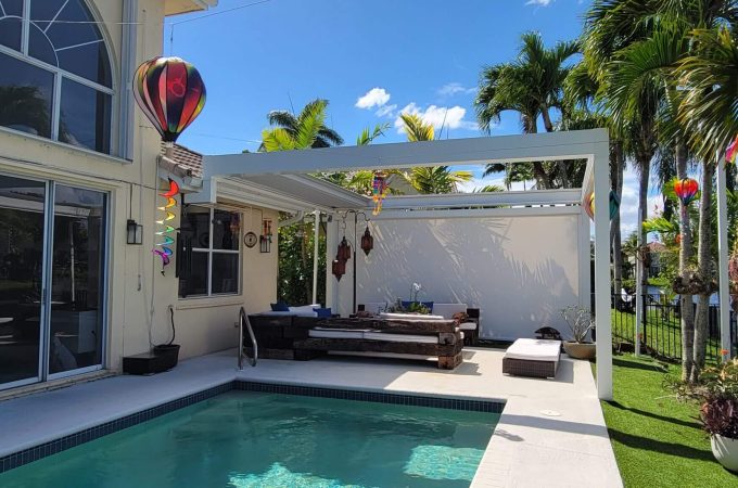 elegant custom shade structure creating a relaxing outdoor entertainment space