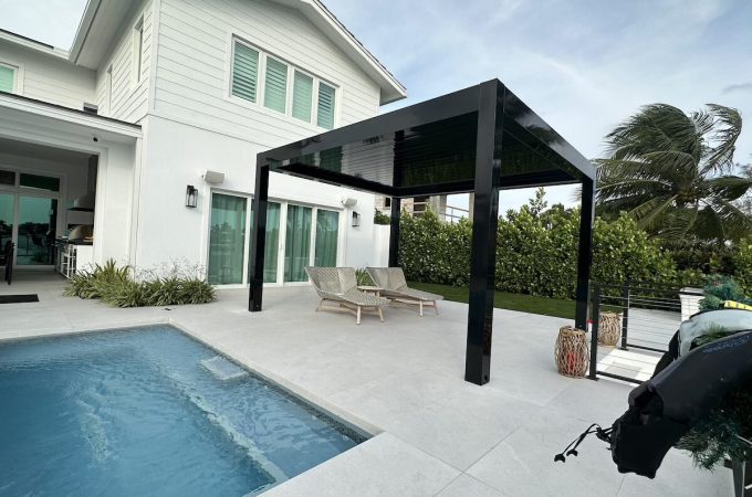 elegant modern pergola over a cozy outdoor living area